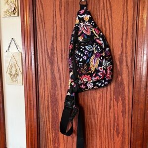 Vera Bradley Women's Black Floral Sling Backpack. Foxwoods pattern
